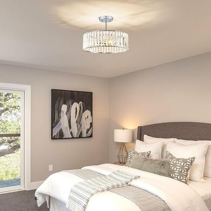 Pevfah Crystal Chrome Ceiling Light, Modern Semi Flush Mount Ceiling Lighting Fixture, Round Hallway Lighting Fixtures Chandelier for Kitchen Entryway Bedroom Dining Room, 3-Light, 15.7 Inch