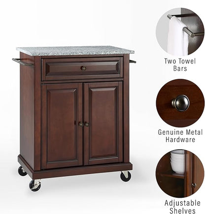Crosley Furniture Compact Granite Top Small Rolling Cart with Shelves, Microwave Stand with Towel Rack, Mahogany