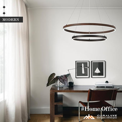 2 Ring LED Chandelier Black Walnut Wood Chandelier for Dining Room 24in Dimmable Circular Chandeliers Light Round Chandeliers for Bedroom Kitchen Entryway Living Room