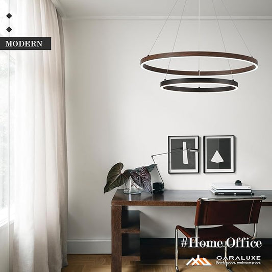 2 Ring LED Chandelier Black Walnut Wood Chandelier for Dining Room 24in Dimmable Circular Chandeliers Light Round Chandeliers for Bedroom Kitchen Entryway Living Room