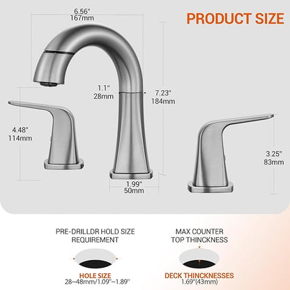 Brushed Nickel Bathroom Faucet with Sprayer - Rotatable Bathroom Faucets for Sink 3 Holes, 8In Widespread Bathroom Pull Down Faucet, 2-Handle Vanity Faucet with Pull Out Sprayer 360 Swivel