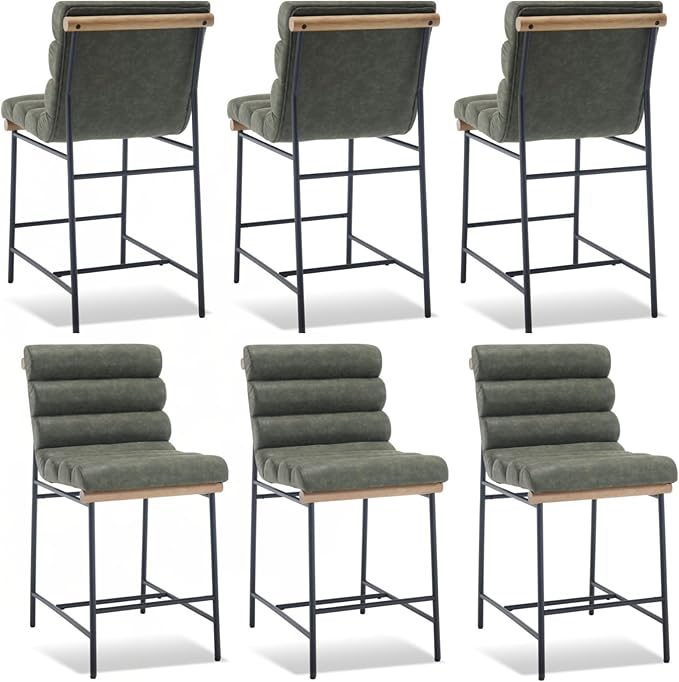 Green Pu Leather Bar stools Set of 6, 25” Modern Upholstered Counter stools with Black Metal Legs, Armless Counter Height Chairs with Channel Tufted Back for Kitchen Island Home Pub