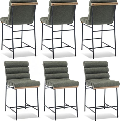 Green Pu Leather Bar stools Set of 6, 25” Modern Upholstered Counter stools with Black Metal Legs, Armless Counter Height Chairs with Channel Tufted Back for Kitchen Island Home Pub