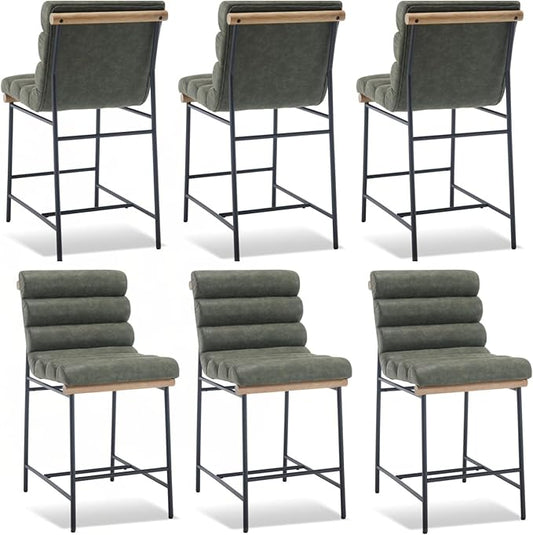 Green Pu Leather Bar stools Set of 6, 25” Modern Upholstered Counter stools with Black Metal Legs, Armless Counter Height Chairs with Channel Tufted Back for Kitchen Island Home Pub
