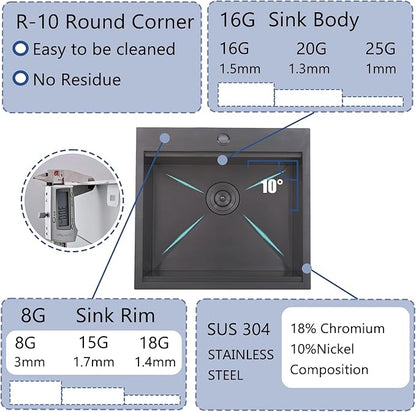 21x20 Inch Black Kitchen Sink, Drop In Bar Sink Black, Stainless Steel Square Small Topmount Workstation Sinks, Single Bowl Kitchen Sinks for Laundry Office Wet Bar Prep RV Outdoor Yard