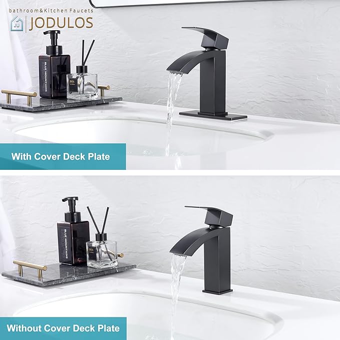 Black Bathroom Faucet, Stainless Steel Bathroom Sink Faucet Single Hole, Lead-Free Vanity Faucet for Bathroom with cUPC Supply Hose and Pop Up Stopper JU-BS100-BK