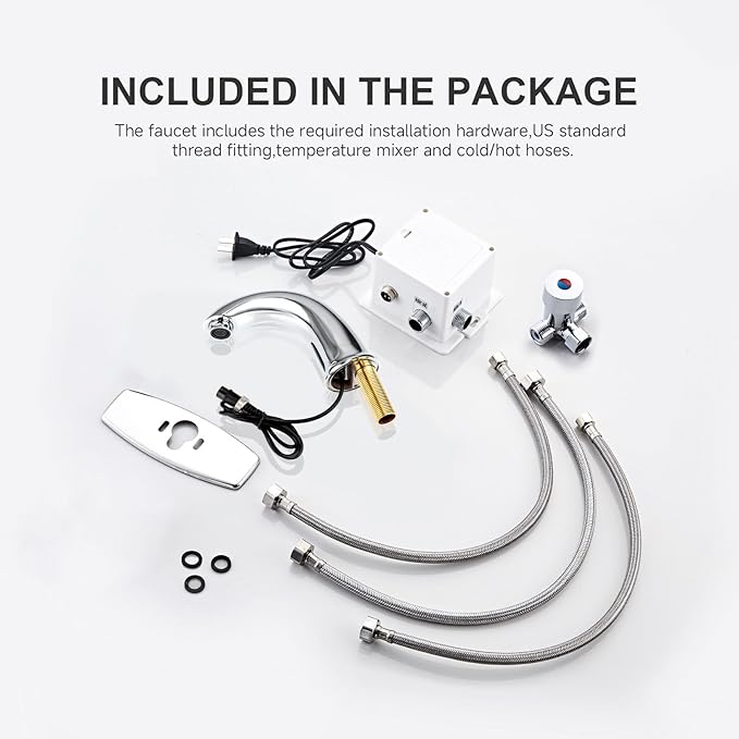 Automatic Touchless Bathroom Sink Faucet Bathroom Tap with Deck Plate, Battery or Plug-in Powered, Commercial Auto Motion Sensor Hot Cold Mixer Solid Brass Faucet, 1 Hole or 3 Hole, Chrome