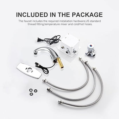 Automatic Touchless Bathroom Sink Faucet Bathroom Tap with Deck Plate, Battery or Plug-in Powered, Commercial Auto Motion Sensor Hot Cold Mixer Solid Brass Faucet, 1 Hole or 3 Hole, Chrome
