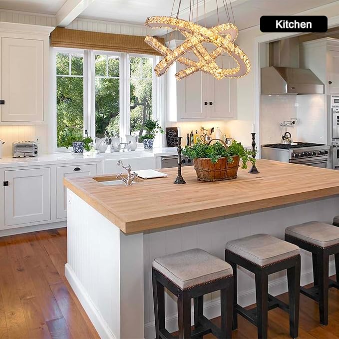 Finktonglan Modern Chandeliers Dimmable, 3 Rings Crystal Chandeliers with Remote Control, Shape Adjustable, LED Linear Chandelier Pendant Island Light for Kitchen Dining Room Living Room, H47.2''