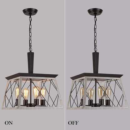 Q&S Farmhouse Vintage Chandelier, Rustic Pendant Light,Industrial Hanging Light Fixture for Dining Room Kitchen Island,Wrought Iron,ORB+Oak White 4 Lights E26 UL Listed