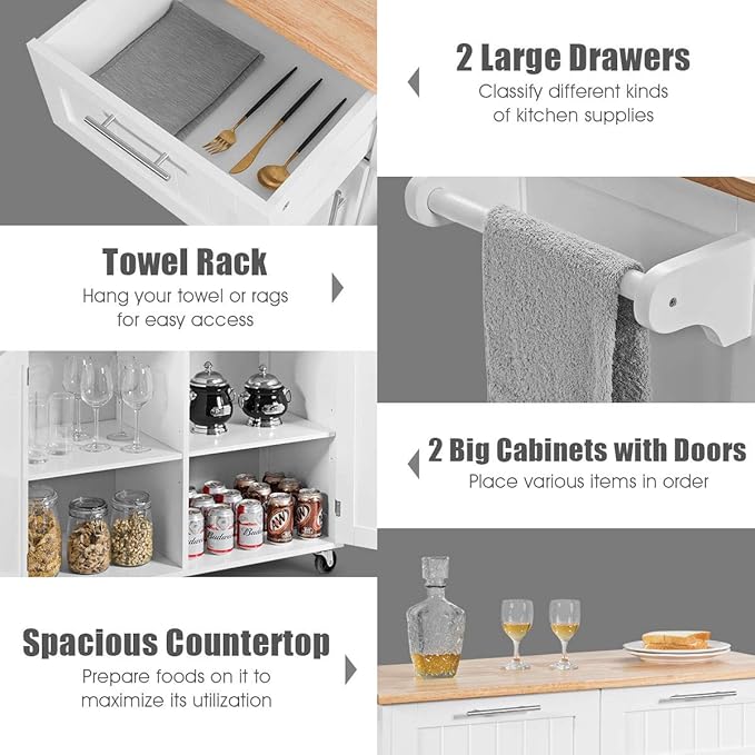 Giantex Kitchen Island Cart, Rolling Island Table with Rubber Wood Tabletop, 2 Drawers, Storage Cabinet & Towel Rack, Bar Kitchen Cart On Wheels for Dining Room (White)