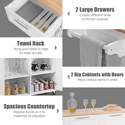 Giantex Kitchen Island Cart, Rolling Island Table with Rubber Wood Tabletop, 2 Drawers, Storage Cabinet & Towel Rack, Bar Kitchen Cart On Wheels for Dining Room (White)
