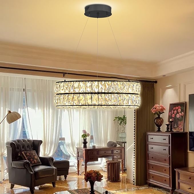 Modern Dimmable Led Crystal Ring Chandelier Adjustable Ring Pendant Light for Living Room Dining Room 15.7inch Black