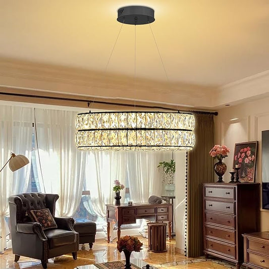 Modern Dimmable Led Crystal Ring Chandelier Adjustable Ring Pendant Light for Living Room Dining Room 15.7inch Black