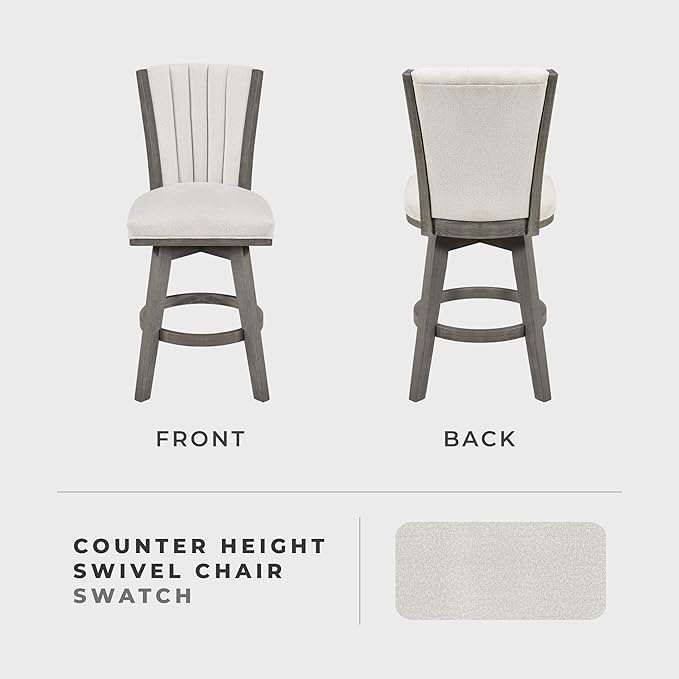 Lexicon Swivel Counter Stools Set of 2, Wood Frame Counter Height Stools with Footrest and Back, for Kitchen Island, Dining Room, 25" SH, Grey Finish and Thick Beige Velvet Cushion Seat