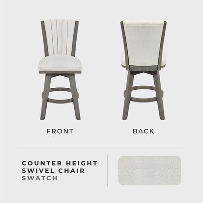 Lexicon Swivel Counter Stools Set of 2, Wood Frame Counter Height Stools with Footrest and Back, for Kitchen Island, Dining Room, 25" SH, Grey Finish and Thick Beige Velvet Cushion Seat