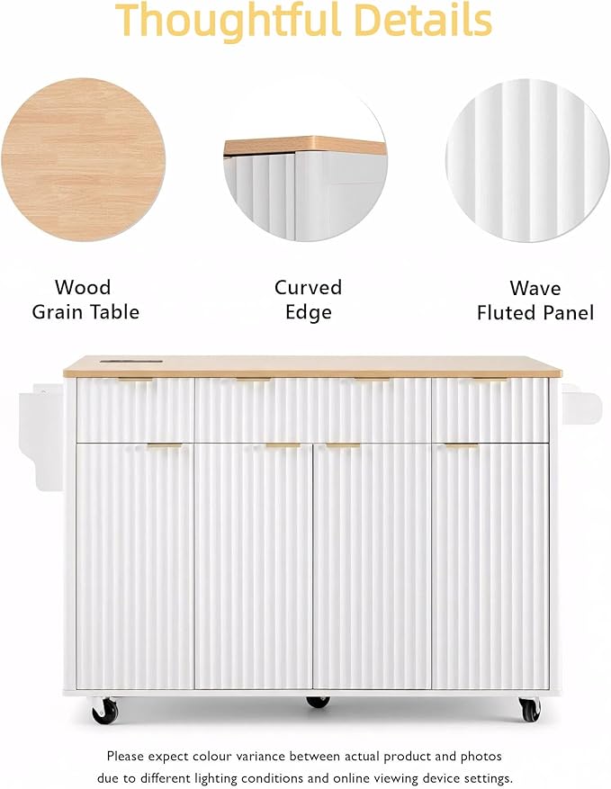 55.5" Mobile Kitchen Island, Fluted Kitchen Island with Storage, Drop Leaf, Power Outlet, 4 Doors and 3 Drawers, Wood-Grain Top, Rolling Island Table for Kitchen, Dining Room White