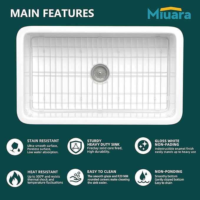 Miuara White Undermount Kitchen Sink 32 Inch - Large Topmount Fireclay Drop In Sink 32"x19"x10", Dual Mount Heavy Duty Deep Single Bowl, with 2 Custom Accessories, Glossy White, for Kitchen
