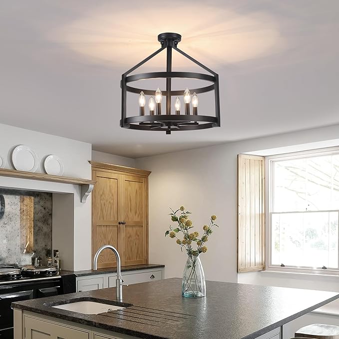 6-Light Large Farmhouse Black Chandelier, 20" Modern Hanging Pendant Lighting, Convertible Semi Flush Mount Ceiling Light Fixture Rustic Vintage Chandeliers for Dining Room Foyer Kitchen Entryway