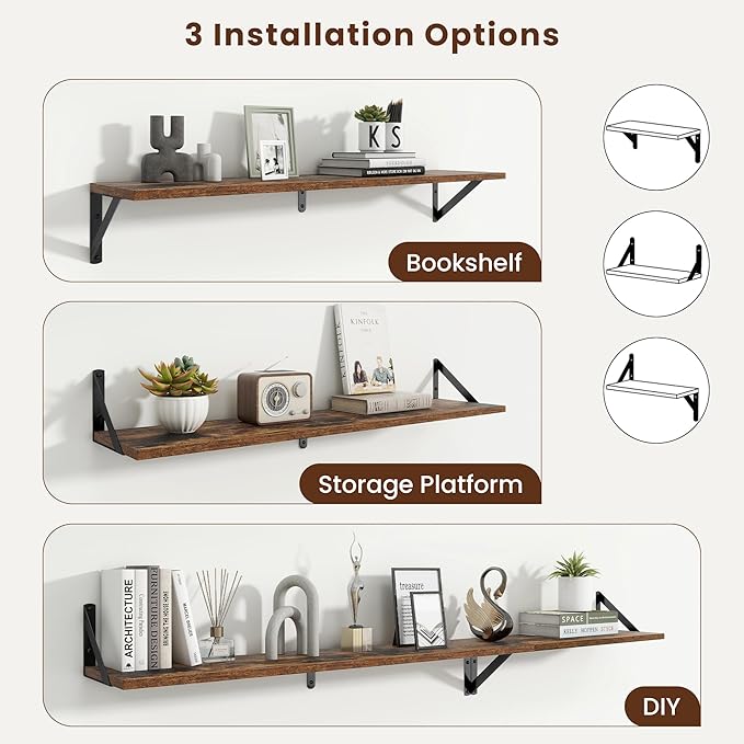 Axeman 36 Inch Floating Shelves | 8 Inch Deep Brown Wall Shelves Set of 2 | 36''W x 8''D Rustic Brown Wood Shelves for Bathroom Living Room Bedroom Kitchen