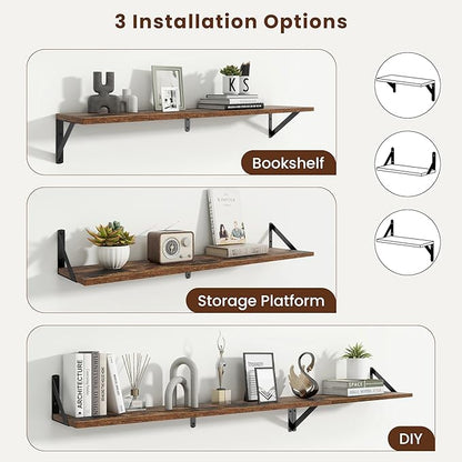 Axeman 36 Inch Floating Shelves | 8 Inch Deep Brown Wall Shelves Set of 2 | 36''W x 8''D Rustic Brown Wood Shelves for Bathroom Living Room Bedroom Kitchen