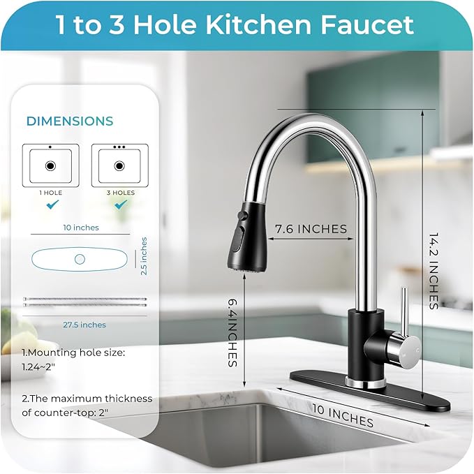 Kitchen Faucet with Pull Down Sprayer - Black & Chrome Single Handle Kitchen Faucets, High Arc Stainless Steel Pull Out Kitchen Sink Faucet with Deck for RV Laundry Farmhouse Bar