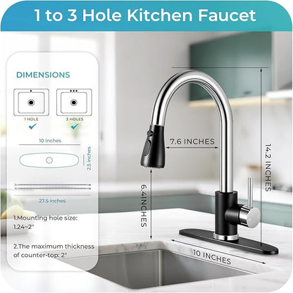 Kitchen Faucet with Pull Down Sprayer - Black & Chrome Single Handle Kitchen Faucets, High Arc Stainless Steel Pull Out Kitchen Sink Faucet with Deck for RV Laundry Farmhouse Bar