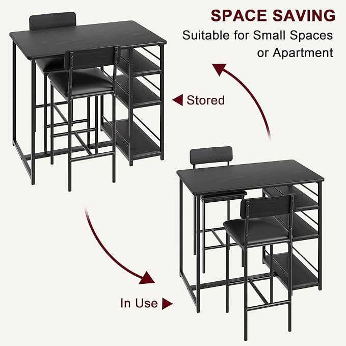 Bar Table Set for 2 with 3 Storage Shelves, Space-Saving Kitchen Table & Chairs with PU Cushions, Thick MDF Wood Top and Steel Frame for Apartment and Bistros - Black