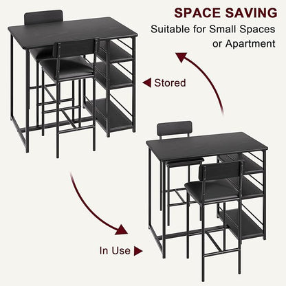 Bar Table Set for 2 with 3 Storage Shelves, Space-Saving Kitchen Table & Chairs with PU Cushions, Thick MDF Wood Top and Steel Frame for Apartment and Bistros - Black