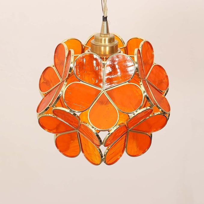 Bieye L10966 Petals Tiffany Style Stained Glass Ceiling Pendant Light with 8-inch Wide Lampshade (Orange Translucent, 8" Cherry Blossom)