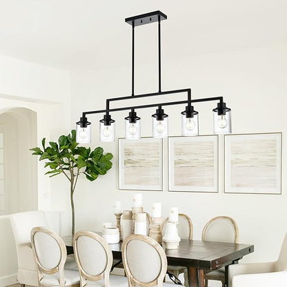 43.3" Kitchen Island Lighting, 6-Light Dining Room Light Fixture,Black Chandelier Farmhouse Linear Pendant Lighting for Kitchen Island Dining Table Living Room, Height Adjustable