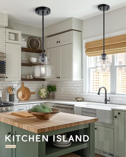 2 Pack Pendant Lights Kitchen Island, 6" Matte Black Pendant Light Fixtures Over Island with Clear Glass Shade, Modern Kitchen Island Lighting for Dining Room Entryway, PL124-MB-G-2PK