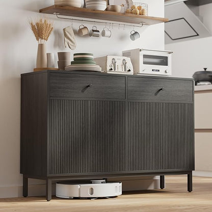 Mericonia Farmhouse Buffet Sideboard Cabinet with Storage, Fluted Coffee Bar with Doors and Adjustable Shelves, Modern Wood Console Cabinet with Drawers (4 Door, Grey 2 Drawer)