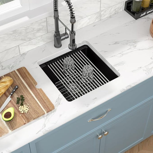 Sarlai 18 Black Kitchen Sink Granite Composite - 18 x 18 inch Bar Prep Workstation Sink Black Granite Composite Quartz Undermount Single Bowl Rectangular RV Camper Sinks Basin