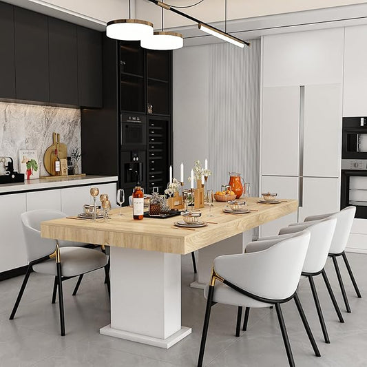 Hitow Dining Table for 6-8, 79-Inch Rectangular Wood Kitchen Table with Thicken Tabletop and Pedestal Base, Modern Office Conference Room Table, Dining Room Living Room Table, Oak&White