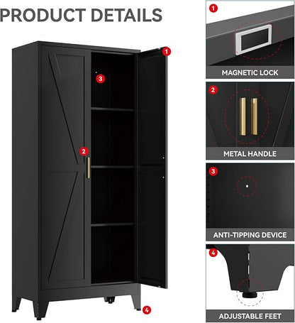 Farmhouse Pantry Cabinet with Barn Doors,61" H x 27.5" W,Metal Cabinet with Adjustable Shelves,4-Tier Storage Cabinet for Kitchen Dining Room Garage Office,Black 1 Pack