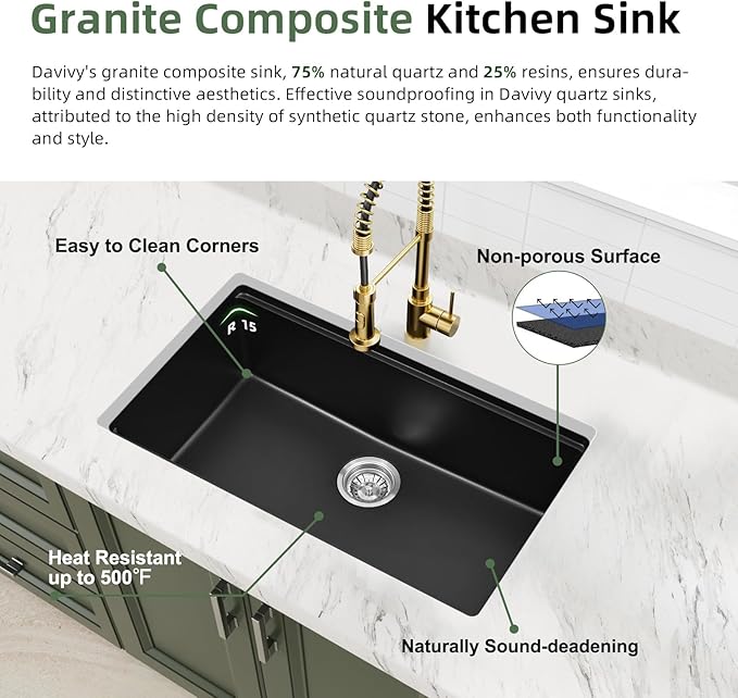 Davivy 30 Inch Black Granite Sink Workstation, 30 x 18 Black Undermount/Drop In Kitchen Sink, Deep Quartz Composite Single Bowl with Accessories