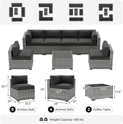 LazySunsets 14-Piece Patio Furniture Set, Wicker Rattan Outdoor Furniture with Thick Cushions, Patio Conversation Sets with Coffee Table, Outdoor Sectional Couch Sofa with Waterproof Cover, Black