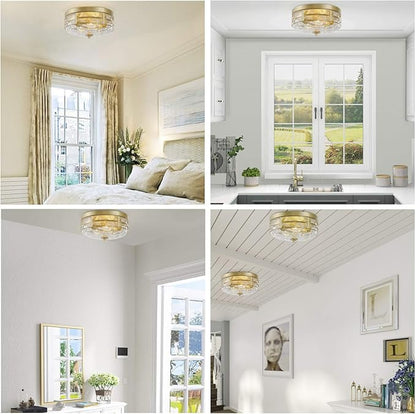 KSANA Gold Modern Flush Mount Ceiling Light Fixture with Water Ripple Glass for Bedroom, Hallway, Kitchen, Dining & Living Room, Foyer and Bathroom