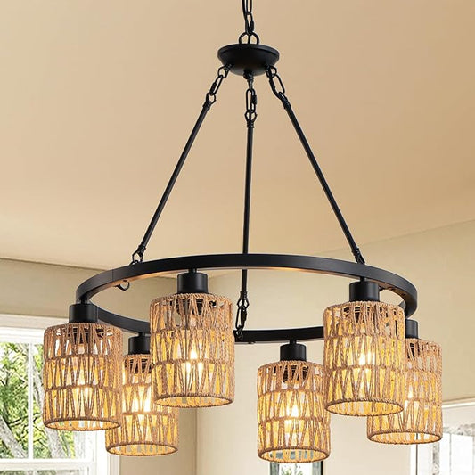 6-Light 24" Boho Rattan Chandeliers for Dining Room,Farmhouse Wagon Wheel Chandeliers,Adjustable Height Hanging Round Pendant Lighs for Kitchen Island,Wicker Lampshade Chandelier Light Fixture