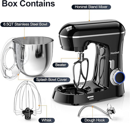 Honinst Stand Mixer, 6.5QT 10-Speed Tilt-Head Electric Stand Mixer, 3-In-1 Kitchen Mixer with Bowl, Dough Hook, Whisk and Beater, Food Mixer for Baking, Cake and Most Home Cooks, Black