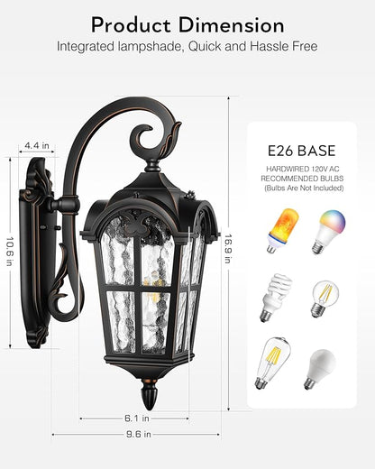 VIANIS Outdoor Wall Light, 16.9" Black Dusk to Dawn Outdoor Lighting with Gold Trim, Outside Light Fixtures Wall Mount with Tempered Water Ripple Glass for Patio, Entryway, Waterproof Anti-Rust