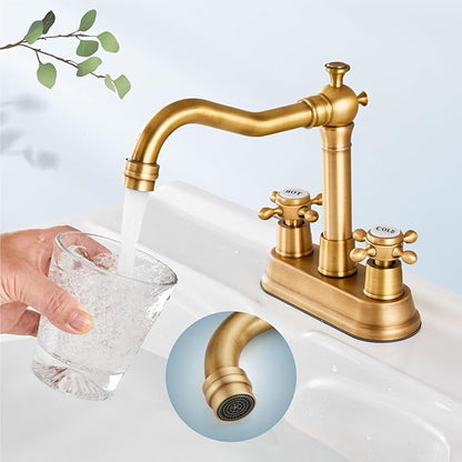 Aolemi 4 Inch Centerset Bathroom Sink Faucet Vintage 2 Cross Handle RV Mixer Tap Basin Vanity Lavatory Utility for Sink 3 Hole Include Hoses Pop Up Drain Faucet Handle with Label Antique Brass