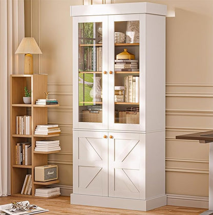 ivaniti 71" Tall Kitchen Pantry Cabinet, Rustic Farmhouse Storage Hutch with Glass Doors & Adjustable Shelves, Freestanding Wood Buffet Cabinet for Dining Room, Living Room, White