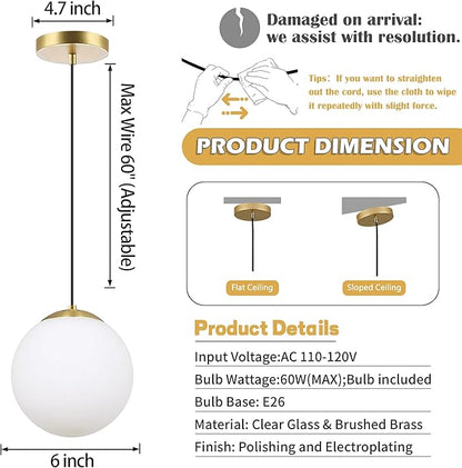 KoKo&Yukina 6-inch mini Modern Globe Pendant Light Opal Glass with Brass Finish Contemporary Mid Century Adjustable Hanging Light Fixture Mid Century Pendant Light for Living Room Bedroom Kitchen