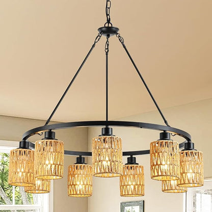 9-Light 32" Boho Rattan Chandeliers for Dining Room,Farmhouse Wagon Wheel Chandeliers,Adjustable Height Hanging Round Pendant Lighs for Kitchen Island,Wicker Lampshade Chandelier Light Fixture