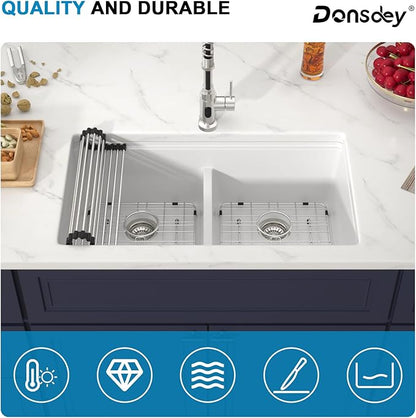 33 Inch Undermount White Granite Composite Kitchen Sink Under Counter Quartz Double Bowl Sink Workstation Sinks with Accessories Quick Drain Noise Reduction Home Renovation Classic Style