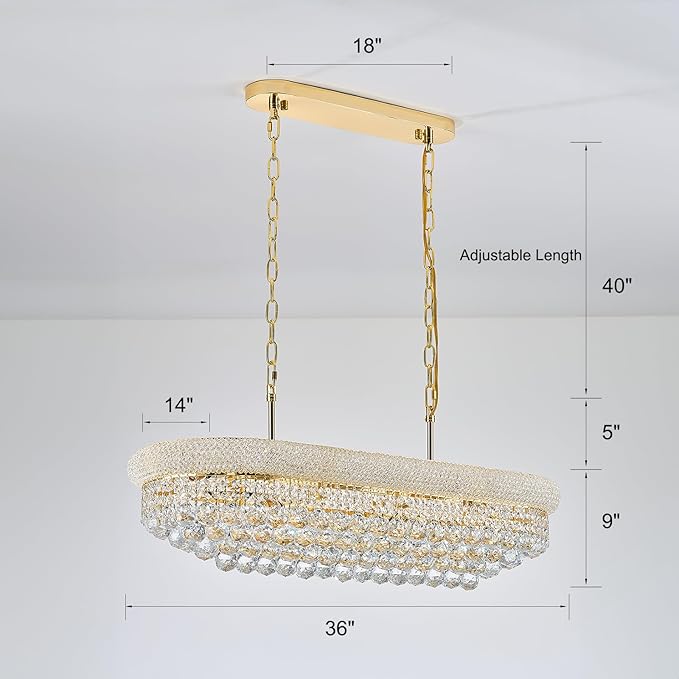 Rectangle Crystal Chandeliers for Dining Room, L36 inch Rectangular Oval Light for Kitchen Island (Gold)