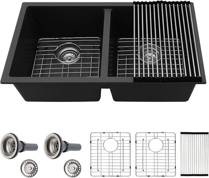 Sarlai 33 Black Granite Composite Kitchen Sink - 33"x19"Double Bowl Undermount Kitchen Sink Double Basin 50/50 Matte Black Quartz Under Counter Sinks Basin with Accessories