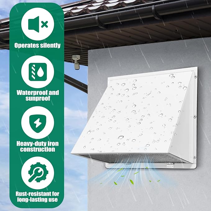 White 10 Inch Hooded Wall Vent with Screen and Damper Exterior Exhaust Vent Cover Cap